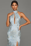Floral Light Blue Halter Neck Jacquard Mermaid Maxi Wedding Guest Dress with Slit
