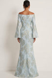 Light Blue Jacquard Floral Mermaid Strapless Long Formal Dress