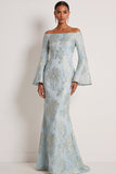 Light Blue Jacquard Floral Mermaid Strapless Long Formal Dress