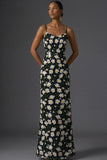 Black Floral Spaghetti Straps Mermaid Long Wedding Guest Dress