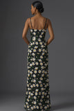 Black Floral Spaghetti Straps Mermaid Long Wedding Guest Dress