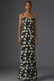 Black Floral Spaghetti Straps Mermaid Long Wedding Guest Dress