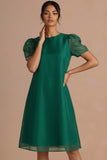 Emerald Green Round Neck A Line Midi Wedding Guest Dress with Short Sleeves