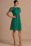 Emerald Green Round Neck A Line Midi Wedding Guest Dress with Short Sleeves
