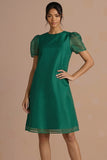 Emerald Green Round Neck A Line Midi Wedding Guest Dress with Short Sleeves