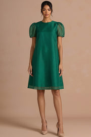 Emerald Green Round Neck A Line Midi Wedding Guest Dress with Short Sleeves