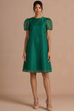 Emerald Green Round Neck A Line Midi Wedding Guest Dress with Short Sleeves