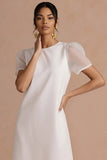 Emerald Green Round Neck A Line Midi Wedding Guest Dress with Short Sleeves