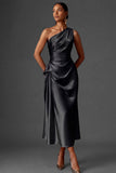 Champagne Mermaid Ruched Satin One Shoulder Long Wedding Guest Dress