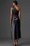 Champagne Mermaid Ruched Satin One Shoulder Long Wedding Guest Dress