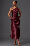 Champagne Mermaid Ruched Satin One Shoulder Long Wedding Guest Dress
