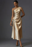 Champagne Mermaid Ruched Satin One Shoulder Long Wedding Guest Dress