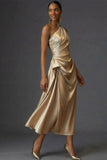 Champagne Mermaid Ruched Satin One Shoulder Long Wedding Guest Dress