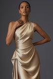 Champagne Mermaid Ruched Satin One Shoulder Long Wedding Guest Dress