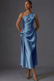 Champagne Mermaid Ruched Satin One Shoulder Long Wedding Guest Dress