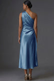 Champagne Mermaid Ruched Satin One Shoulder Long Wedding Guest Dress