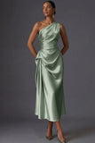 Champagne Mermaid Ruched Satin One Shoulder Long Wedding Guest Dress