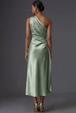 Champagne Mermaid Ruched Satin One Shoulder Long Wedding Guest Dress
