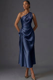 Champagne Mermaid Ruched Satin One Shoulder Long Wedding Guest Dress