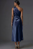 Champagne Mermaid Ruched Satin One Shoulder Long Wedding Guest Dress