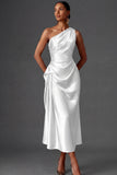 Champagne Mermaid Ruched Satin One Shoulder Long Wedding Guest Dress