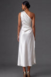 Champagne Mermaid Ruched Satin One Shoulder Long Wedding Guest Dress
