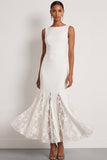 White Mermaid Round Neck Maxi Wedding Reception Dress with Lace