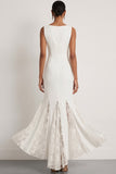 White Mermaid Round Neck Maxi Wedding Reception Dress with Lace