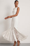 White Mermaid Round Neck Maxi Wedding Reception Dress with Lace