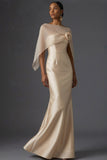 Champagne Mermaid Satin Sleeveless Maxi Formal Dress with Cape