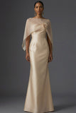 Champagne Mermaid Satin Sleeveless Maxi Formal Dress with Cape