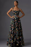 Mauve Floral Thick Straps A Line Embroidered Maxi Wedding Guest Dress