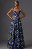 Mauve Floral Thick Straps A Line Embroidered Maxi Wedding Guest Dress
