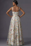 Mauve Floral Thick Straps A Line Embroidered Maxi Wedding Guest Dress