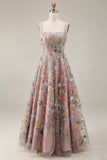 Mauve Floral Thick Straps A Line Embroidered Maxi Wedding Guest Dress