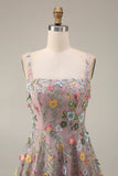 Mauve Floral Thick Straps A Line Embroidered Maxi Wedding Guest Dress