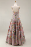 Mauve Floral Thick Straps A Line Embroidered Maxi Wedding Guest Dress