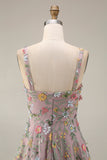 Mauve Floral Thick Straps A Line Embroidered Maxi Wedding Guest Dress