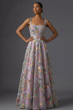 Mauve Floral Thick Straps A Line Embroidered Maxi Wedding Guest Dress