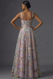 Mauve Floral Thick Straps A Line Embroidered Maxi Wedding Guest Dress