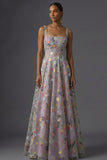 Mauve Floral Thick Straps A Line Embroidered Maxi Wedding Guest Dress