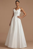 White Satin A Line Spaghetti Straps Floral Long Wedding Reception Dress
