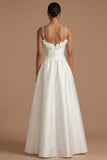 White Satin A Line Spaghetti Straps Floral Long Wedding Reception Dress