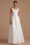 White Satin A Line Spaghetti Straps Floral Long Wedding Reception Dress