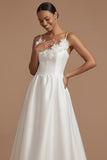 White Satin A Line Spaghetti Straps Floral Long Wedding Reception Dress