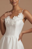 White Satin A Line Spaghetti Straps Floral Long Wedding Reception Dress