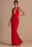 Red Mermaid Halter Neck Sleeveless Backless Maxi Wedding Guest Dress