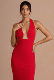 Red Mermaid Halter Neck Sleeveless Backless Maxi Wedding Guest Dress