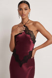 Burgundy Satin Mermaid Halter Neck Long Formal Dress with Lace