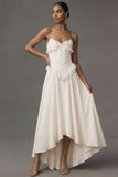 White A Line Ruffled Corset Sweetheart High Low Wedding Reception Dress with Bow